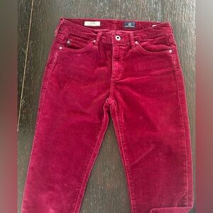 AG stretch burgundy corduroy low rise skinny cigarette leg The Prima jeans, 27R